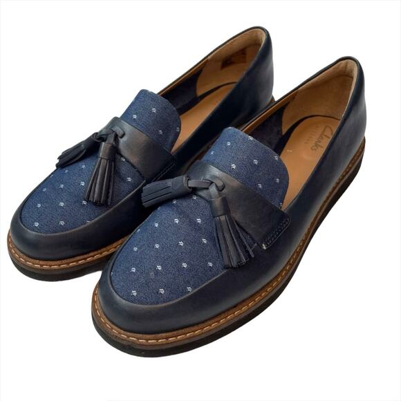 Clarks Glick Castine loafer navy leather with tassel size 6.5 patterned fabric - Picture 4 of 12